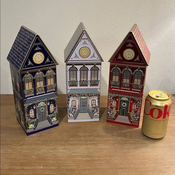 3 Large Christmas Cookie Village Tin Jars Measures: 11 x 4 x 4” - Picture 6 of 6